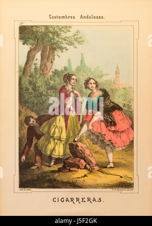 Zigarettenarbeiterinnen.  Cigarreras. Nachdem ein Werk von Antonio Chaman in Sevilla von Carlos Santigosa 1852 veröffentlicht. Stockfoto