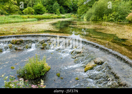 Halb kreisförmige Wehranlage auf dem Fluß Lathkill in Lathkill Dale, Derbyshire, Peak District National Park, England, UK Stockfoto