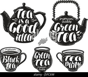 Tee-Beschriftung-Set. Teekanne, Tasse, heißes Getränk Icon oder Symbol. Handgeschriebene Schrift, Kalligraphie-Vektor-illustration Stock Vektor