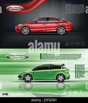 Digitale Vektor rot und grün Modell Limousine mit schwarzen Fenstern Mock-up, Ihre Marke, bereit für print-anzeigen oder Magazin-Design. Dunklen Hintergrund mit ribbo Stock Vektor