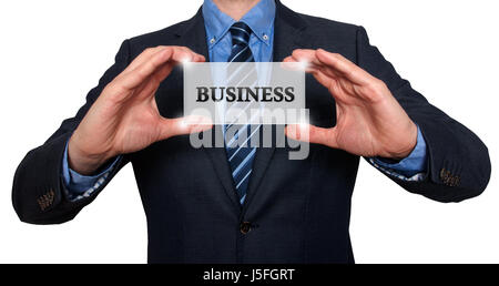 Geschäftsmann hält weiße Karte mit Business anmelden, weiß - Stock Photo Stockfoto