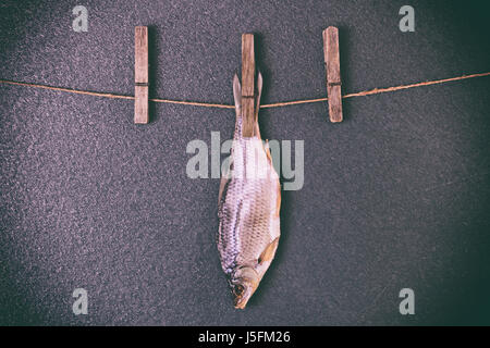 Getrockneter Fisch hängen am Seil, schwarzer Hintergrund Stockfoto