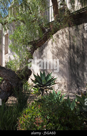Mission San Gabriel gesehen durch Bäume in San Gabriel, Kalifornien Stockfoto