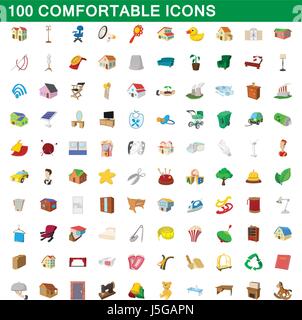 100 komfortable Icons Set, Cartoon-Stil Stock Vektor