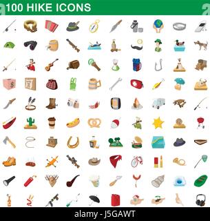 100 Wandern Icons Set, Cartoon-Stil Stock Vektor
