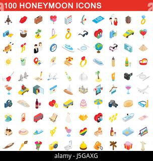 100 Flitterwochen Icons Set, isometrischen 3d Stil Stock Vektor