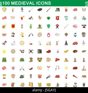 100 mittelalterliche Icons Set, Cartoon-Stil Stock Vektor