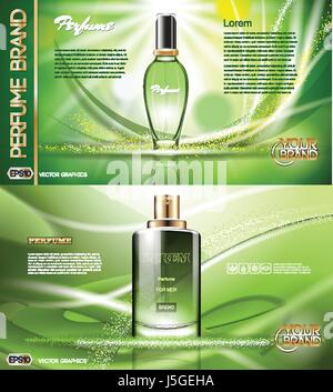 Digitale Vektor Grünglas Parfüm für Männer und Frauen Container Mockup, mit Ihrer Marke, bereit für print-anzeigen oder Magazin-Design. Transparent und Glanz, Stock Vektor