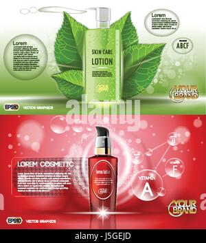 Digital vector rotes und grünes Glas Kosmetik-Container Mockup mit Luftblasen, mit Ihrer Marke bereit für print-anzeigen oder Magazin-Design. Transparente und sh Stock Vektor