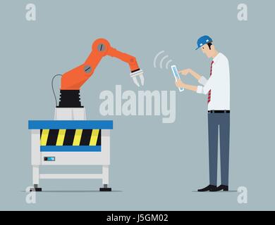 Industrie 4.0 Fabrik Automatisierungskonzept. Roboterhände Ingenieur mit Tablet PC gesteuert. Stock Vektor