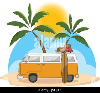 Retro-Reise-van mit Surf Board und Palm tree Stock Vektor