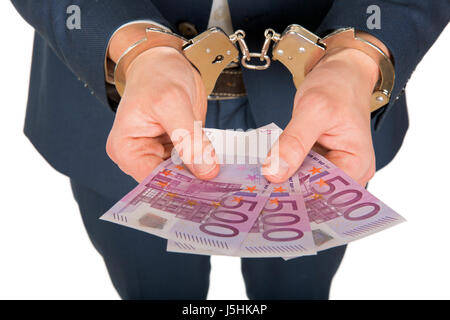 Nahaufnahme Foto von einem gefesselten Geschäftsmann Hände halten Euro-Banknoten Stockfoto