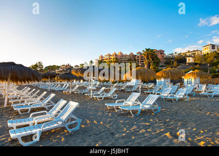 Liegestühle und Sonnenschirme am Strand Playa del Duque an der Costa Adeje, Teneriffa, Spanien Stockfoto