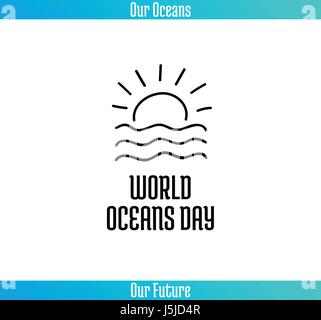 Weltmeere Tag, 8. Juni. Förderung der Karte mit Hand gezeichneten Doodle, Vektor-Illustration der Linie. Sonnenauf- oder Sonnenuntergang über den Wellen des Meeres auf einem weißen Hintergrund Stock Vektor