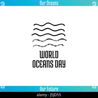Weltmeere Tag, 8. Juni. Förderung der Karte mit Hand gezeichneten Doodle, Vektor-Illustration der Linie. Abstrakte Meereswellen auf weißem Grund mit text Stock Vektor