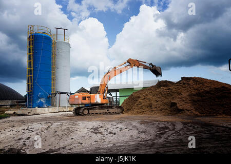 Bagger arbeiten mit Abfallberg in einer Fabrik mit bewölkt und blauer Himmel Stockfoto