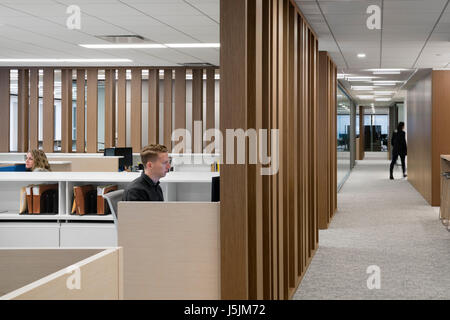 Mitarbeiter an ihrem Arbeitsplatz geteilt durch Holz Sichtschutz. 280 Park Avenue Büro, New York, Vereinigte Staaten von Amerika. Architekt: BKSK Architekten, 2016. Stockfoto