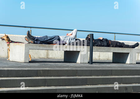 Zwei Männer, die auf konkrete Plätze entlang der Strandpromenade in Margate, Kent. Ihr Hund ist an ihrer Seite. Stockfoto