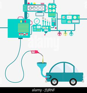 Maschinen der Fabrik Raffinierung von Benzin und Betankung ein Auto. Auto wird durch eine Zapfsäule getankt. Stock Vektor