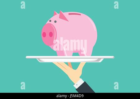 Hand halten Silber Tablett haben das Sparschwein darin einfügen. Illustration über finanzielle mit catering-Konzept. Stock Vektor