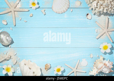 Muscheln auf hölzernen Hintergrund, Textfreiraum für Ihren Text. Stockfoto