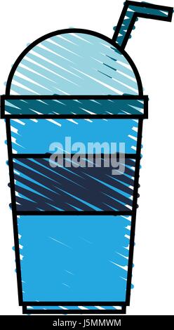 Farbe Kreide Streifen Cartoon blaue Plastikbecher mit Deckel und Trinkhalm Stock Vektor