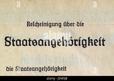 historische Dokumente dokumentieren Zertifikat Nationalität offizielle Schrift Staatsbürgerschaft Stockfoto