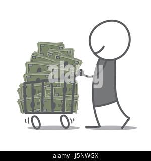Doodle-Mann schieben Einkaufswagen mit Rechnungen. Stock Vektor
