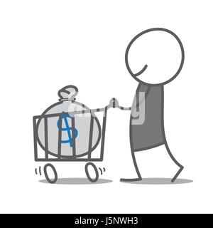 Doodle Mann schieben Einkaufswagen mit Beutel mit Geld. Stock Vektor