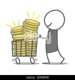 Doodle Mann schieben Einkaufswagen mit Münzen. Stock Vektor