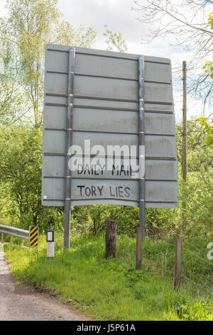 Politische Graffiti auf Rückseite Straße Zeichen - Daily Mail Tory liegt - anti-Daily Mail Zeitung und konservative Partei - Schottland, UK Stockfoto