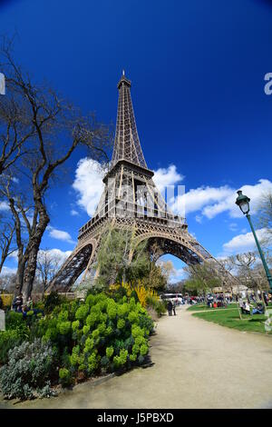 Der Eiffelturm auf dem Champ de Mars in Paris mit einem Weitwinkelobjektiv aufgenommen Stockfoto