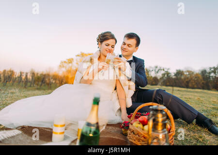 Das Picknick zwischen Brautpaar. Sie sind Clincking sitzend auf das Tartan Plaid verglast. Stockfoto