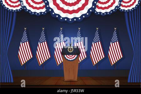 Präsident Podium auf der Bühne mit Flagstaff auf Rücken und Halbkreis Fahne an der Spitze. Offenen Vorhang Bühne mit blauem Hintergrund und Holzboden. Vektor-Fittings Stock Vektor