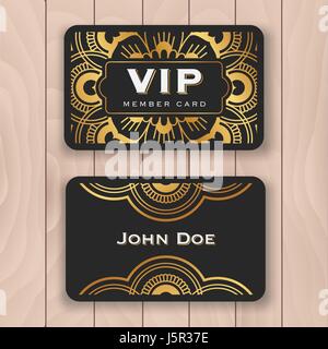 Goldenen Mandala VIP-Access-Karte. Besonderer Gast Tag Kartendesign mit Einbruch der Dunkelheit und Luxus Schmuck. Premium-persönliche Karte Namensvorlage für Ihr Unternehmen. Ve Stock Vektor