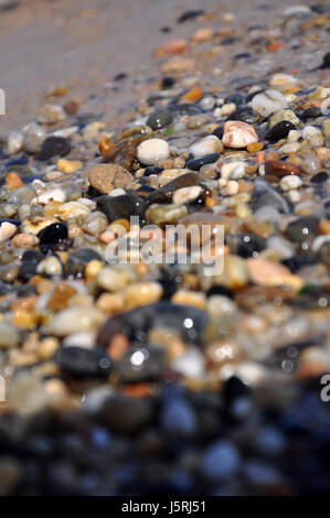 Bunte Kieselsteine am Strand von pebblen an der Mittelmeer-Küste auf der Insel Sardinien in Italien Stockfoto