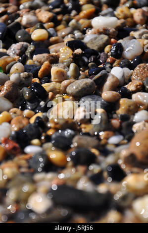 Bunte Kieselsteine am Strand von pebblen an der Mittelmeer-Küste auf der Insel Sardinien in Italien Stockfoto