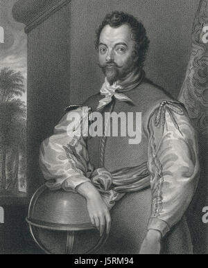 Sir Francis Drake (1540-96), englische Admiral und Seefahrer, Portrait, gestochen von S. Freeman, 1829 Stockfoto