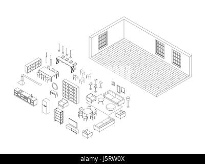Line Möbel inmitten einer isometrischen Ansicht Stock Vektor