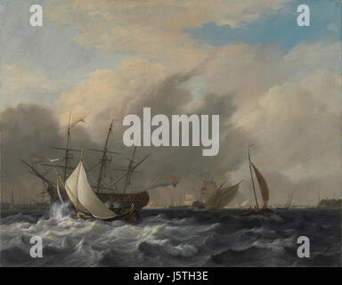 Dieses Kunstwerk zeigt das niederländische Kriegsschiff Amsterdam im 17. Jahrhundert, das im Westerlaag am IJ bei Amsterdam vor Anker lag. Es spiegelt die Marinemacht und die maritime Geschichte der Niederlande während des Goldenen Zeitalters wider. Stockfoto