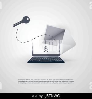 Laptop und Umschlag - Hintertür Infektion per E-mail-Virus, Malware, Ransomware, Betrug, Spam, Phishing, e-Mail-Betrug, Hacker-Angriff - IT-Sicherheitskonzept Stock Vektor