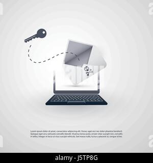 Laptop und Umschlag - Hintertür Infektion per E-mail-Virus, Malware, Ransomware, Betrug, Spam, Phishing, e-Mail-Betrug, Hacker-Angriff - IT-Sicherheitskonzept Stock Vektor