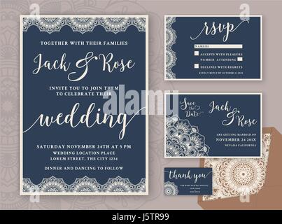 Rustikale Hochzeit Einladung Design-Vorlage. Enthalten Sie RSVP-Karte speichern die Datum-Karte, danke Tags. Jahrgang Runde Mandala Zierpflanze. Vektor-illustratio Stock Vektor