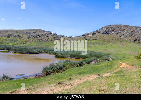 Innere des Kraters des Vulkans Rano Raraku - Osterinsel, Chile Stockfoto