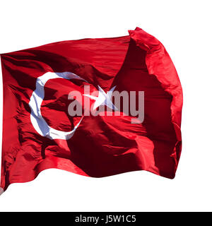 Türkische Flagge winken Sonnetag im Wind. Isoliert auf weißem Hintergrund. Stockfoto