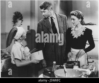 James Stewart, Donna Reed am Set des Films: "Es ist ein wundervolles Leben", 1946 Stockfoto