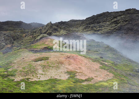 Fumarolen am Leirhnjukur / Leirhnjúkur, Lava Feld in der Krafla-Caldera im Winter, Norðurland Eystra / Nordurland Eystra, North Island Stockfoto