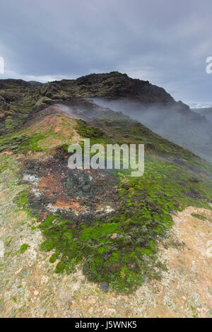 Fumarole auf Leirhnjukur / Leirhnjúkur, Lava Feld in der Krafla-Caldera im Winter, Norðurland Eystra / Nordurland Eystra, North Island Stockfoto