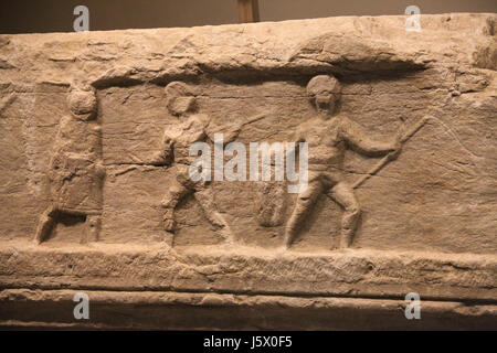 Römische Darstellung Gladiatorenkämpfe auf dem Display in Plovdiv am Stadion Trimontium schnitzen Stockfoto