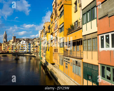 Fällen de l'Onyar, die Häuser am Fluss Onyar mit den Turm der Stiftskirche Sant Feliu im Hintergrund, Girona, Spanien. Stockfoto